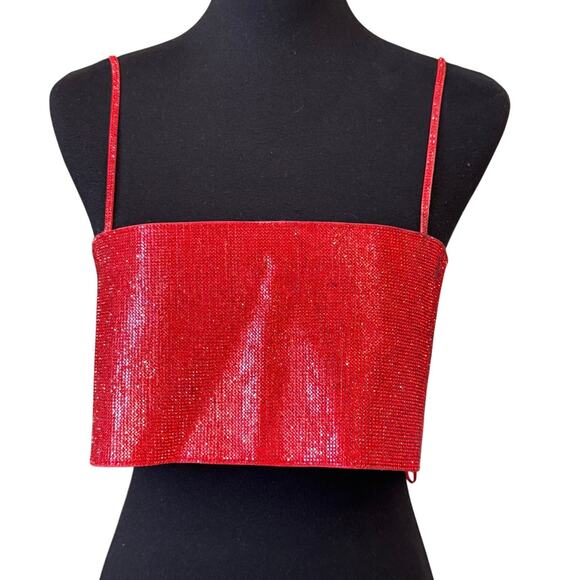 STUNNING ZARA Women's Red Rhinestone Shiny Crop Top Size M-L - Picture 5 of 9